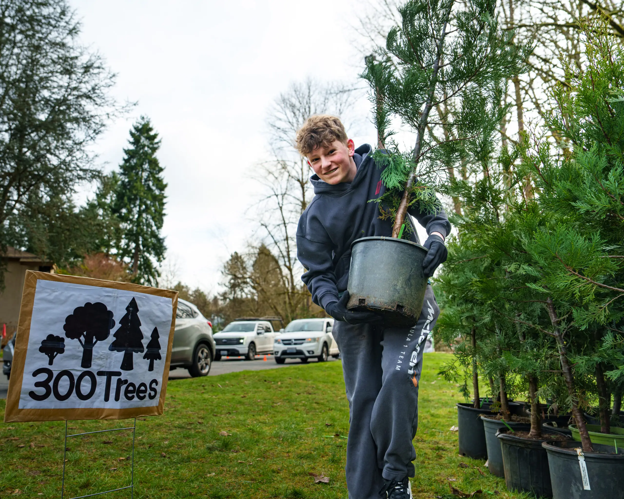 A young volunteer carrying a potted tree past a hand-painted 300Trees sign