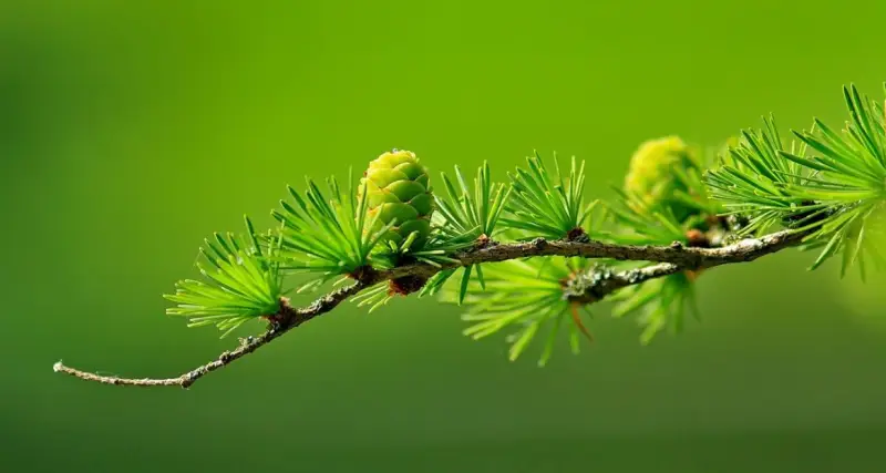 Close-up of a larch branch with bright green new growth and small cones