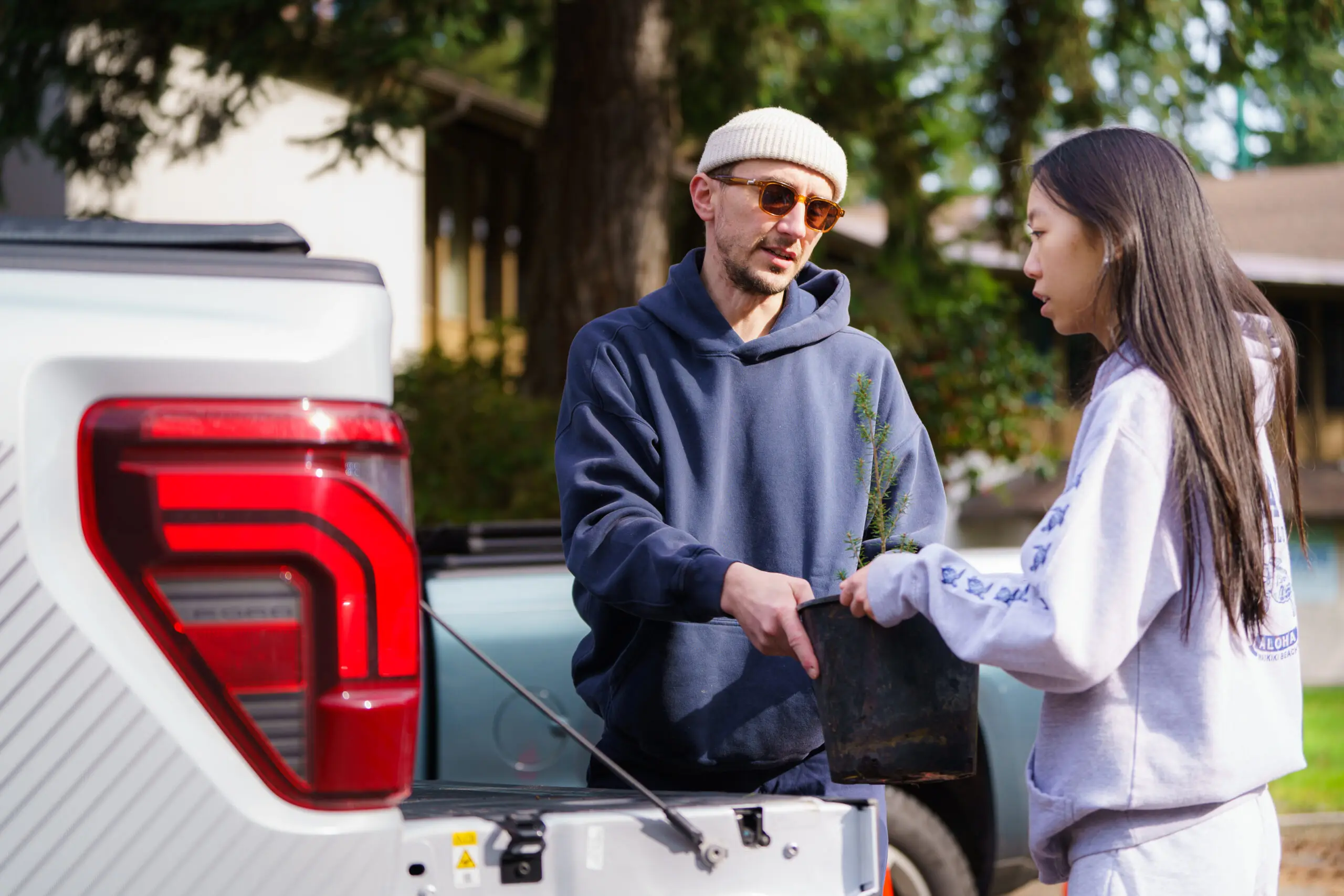 A volunteer handing a potted tree to a resident at the back of a pickup truck